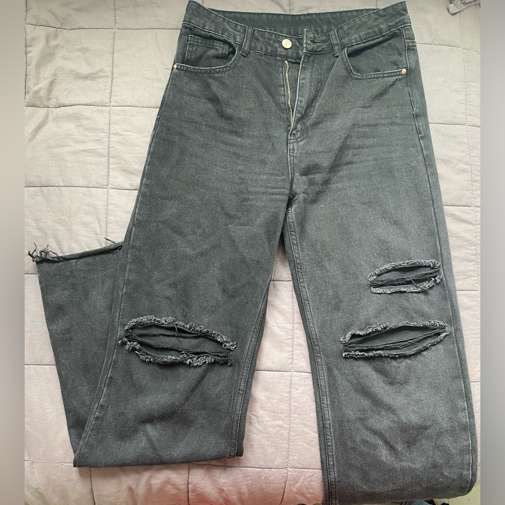 Black wide leg distressed jeans
